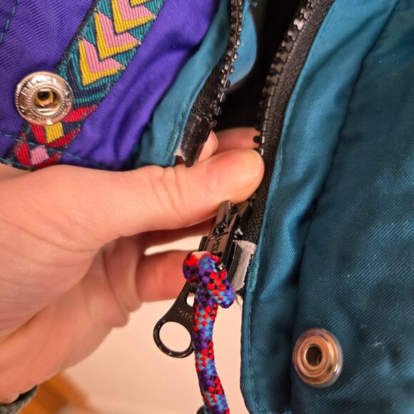 Vintage 80s 90s Ski Coat Winter Jacket Belted Teal Large - Picture 14 of 16